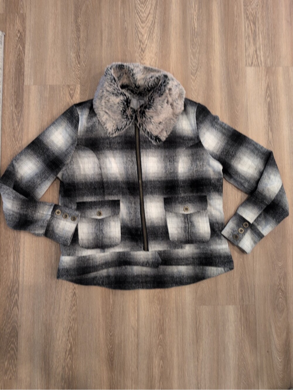 STETSON Women's Coat M Ombre Plaid Wool Blend Cropped Fur Trim Western Biker